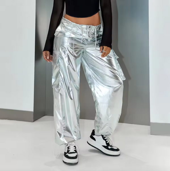 【VETEZE】23SS★ Parachute String Pants Women's Summer Drawstring Waist Silver Metallic Loose Wide