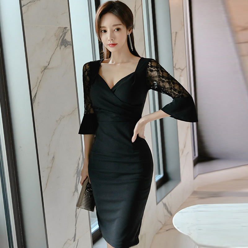Women's Summer Patchwork Polyester V-Neck Sheath Dress | ZORKET