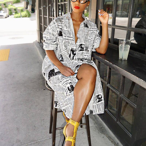 Women's Autumn Long Sleeve Midi Dress With Newspaper Print | ZORKET