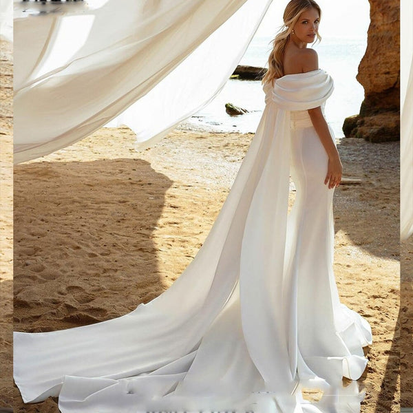 White Satin Off Shoulder Wedding Dresses Mermaid Bridal Gowns Side Split Pleat Satin Sexy Wedding Party Bride Gown