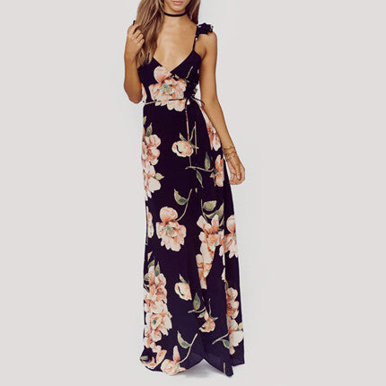 Floral Print V-Neck Backless Maxi Dress