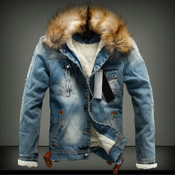 Men's Winter Casual Regular Denim Coat With Raccoon Fur | ZORKET