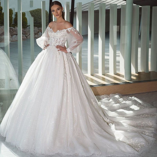 Women's Long Lace Puff-Sleeved Wedding Dress With Sweep Train | ZORKET