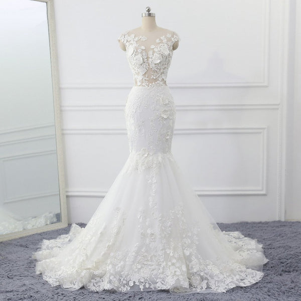 Women Wedding Dress Sleevless Flowers Lace Dress