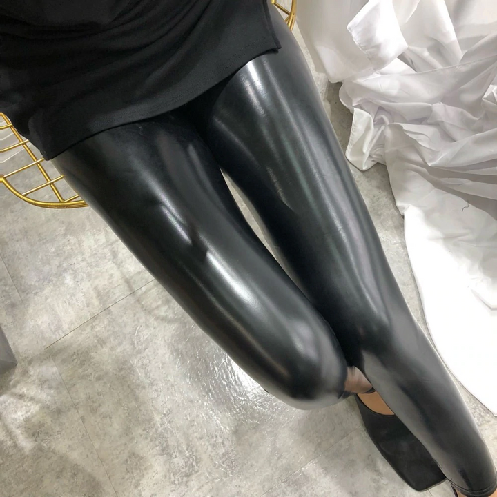 Women's Spring PU Leather Push-Up High-Waist Shiny Leggings, ZORKET