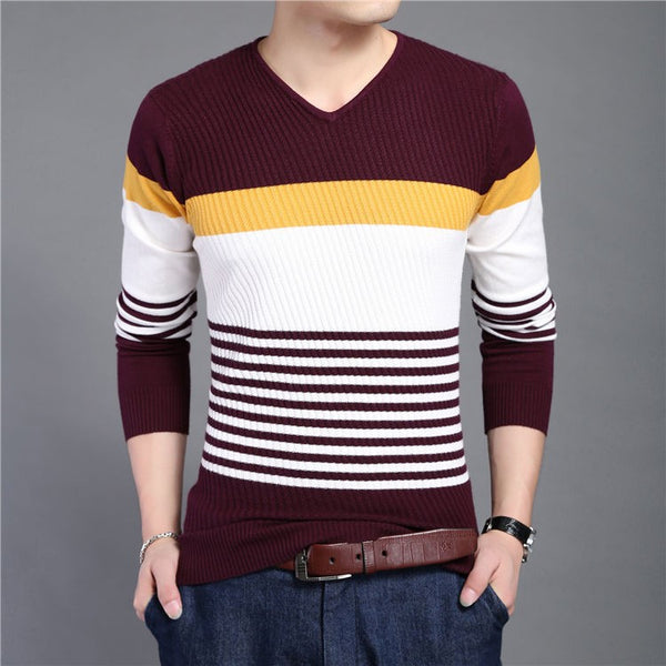 Men's Knitted Striped V-Neck Slim Fit Sweater | ZORKET