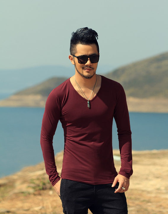 Men's Long Sleeved Deep V-Neck T-Shirt | ZORKET