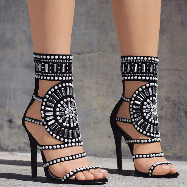 Women's Summer Flock High-Heeled Ankle-Wrap Sandals With Rhinestones ...