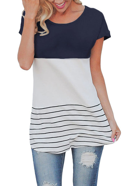 Women's Cotton T-Shirt | O-Neck | Casual Short Sleeve Striped Top | ZORKET