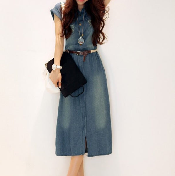 Casual Solid Color Distressed Pocket Ruffle Turndown Collar Short Sleeve Denim Dresses