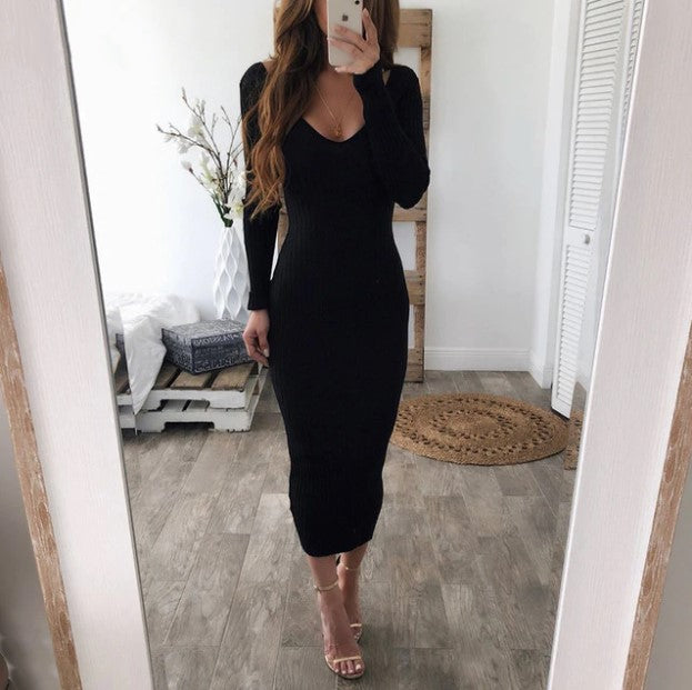 Women's Autumn/Winter Elastic Knitted V-Neck Long-Sleeved Maxi Sweater Dress | ZORKET | ZORKET Women's Autumn/Winter Elastic Knitted V-Neck Long-Sleeved Maxi Sweater Dress | ZORKET | ZORKET