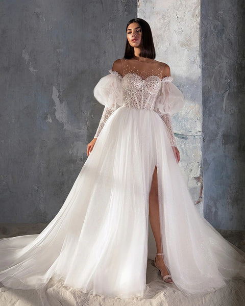 Women's O-Neck Wedding Dress With Detachable Sleeved | ZORKET