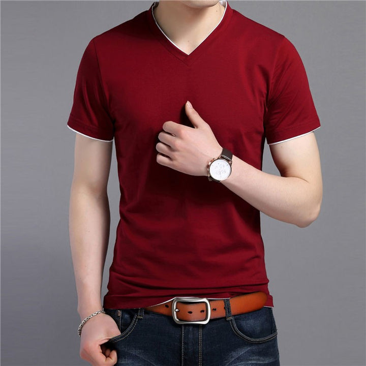 Men's Solid Color Short Sleeve V-Neck T-Shirt | ZORKET