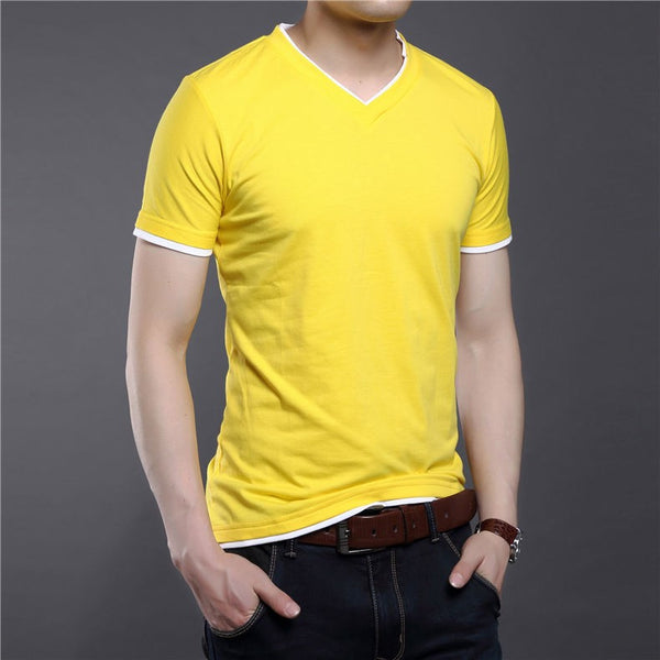 Men's Solid Color Short Sleeve V-Neck T-Shirt | ZORKET