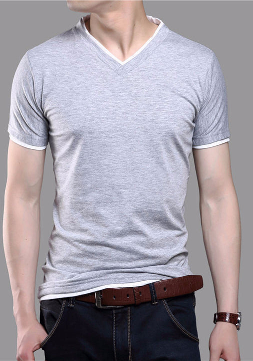 Men's Solid Color Short Sleeve V-Neck T-Shirt | ZORKET